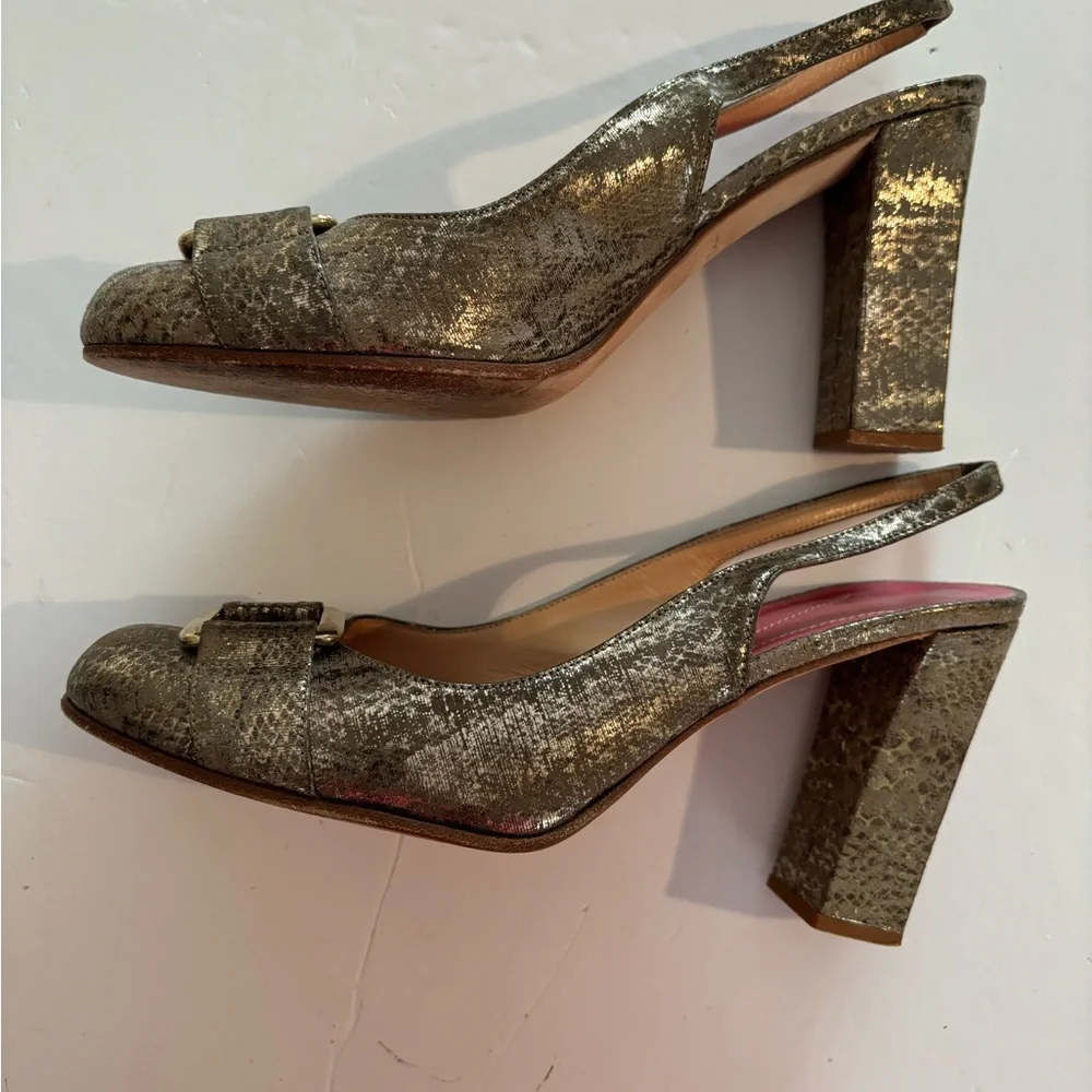 KATE SPADE Gold Metallic Sling Back Block Heels 8